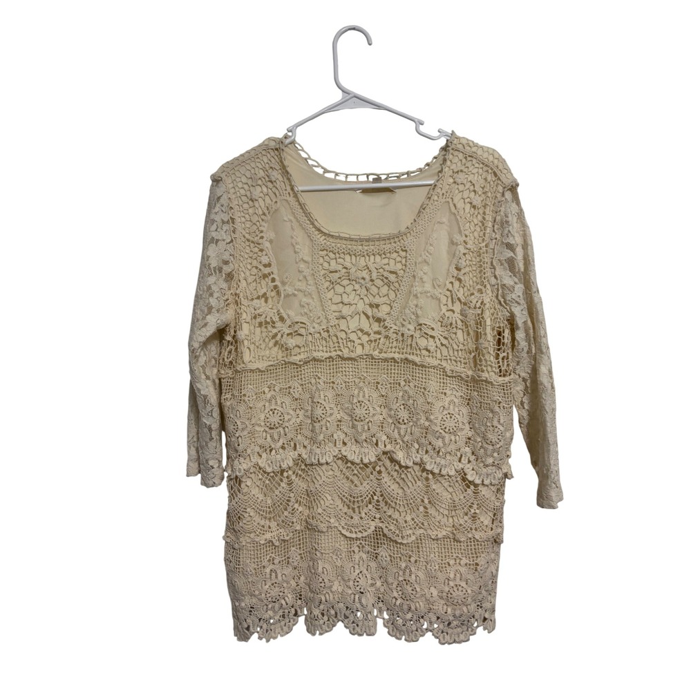 TravelSmith Crochet Lace Top Boho Cream Layered 3/4 Sleeve L